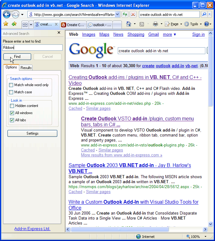IE add-on for advanced search
