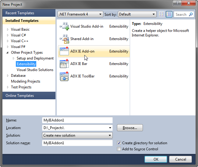 Creating a new ADX IE add-on project