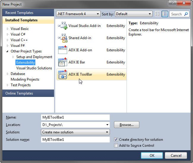 Creating a new ADX IE Toolbar project