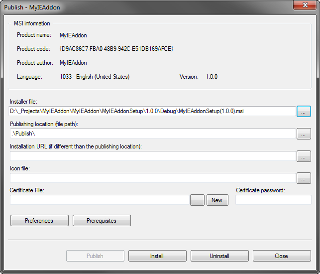 Publishing dialog - installer file and publishing location