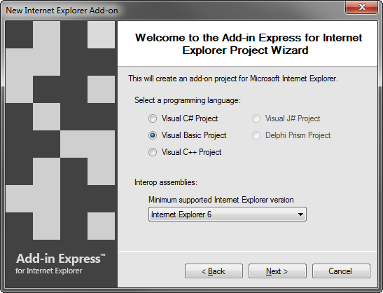 Choosing VB.NET as the programming language and IE 6 aas the minimus supported version