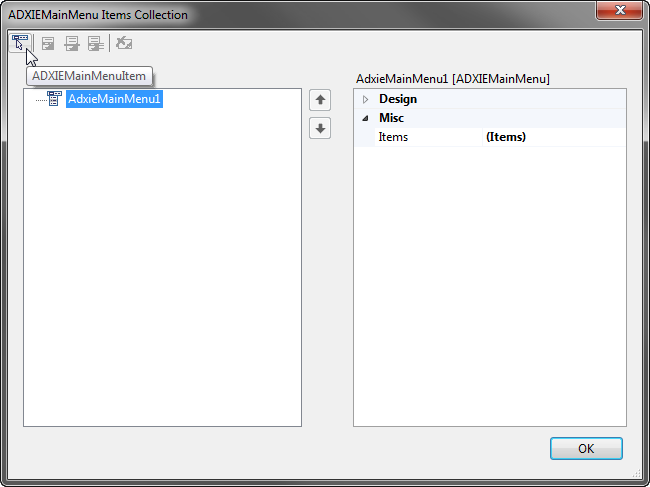 Property editor of the ADXIEMainMenu.Items property