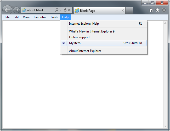 A custom item added to the Internet Explorer Help menu