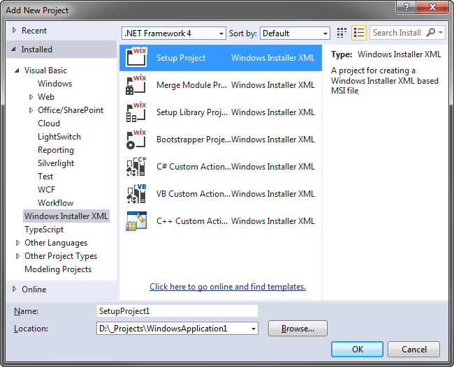 Adding a WiX setup project