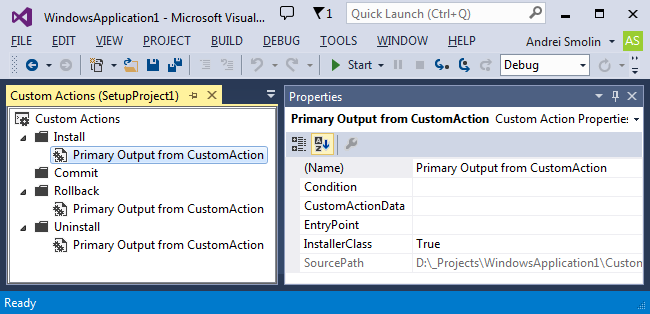 Set up the properties for the custom action.