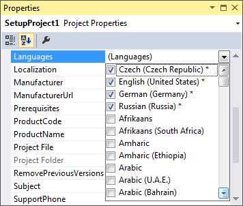 Localization files (WXL) of the selected languages are added to the setup project.