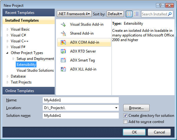 New Project dialog in Add-in Express