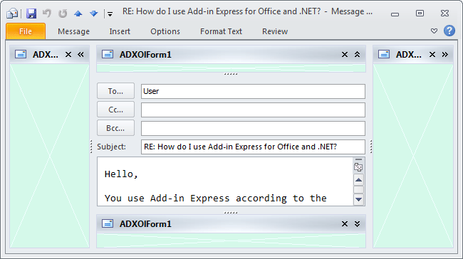 Four regions around the body of an e-mail, task, contact, etc