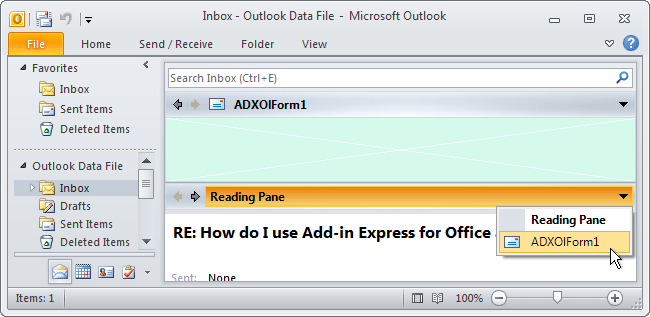 Regions around the Outlook Reading pane 