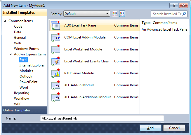 Adding a task pane to Excel add-in project