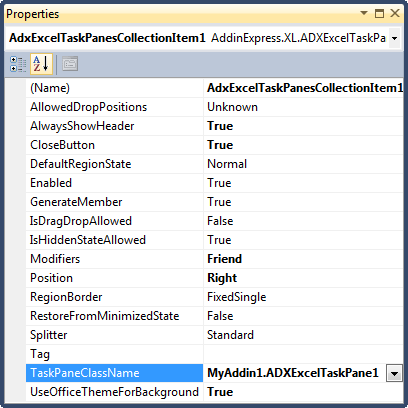 Specifying Excel task pane properties