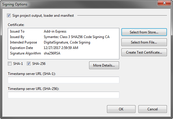 Signing options dialog