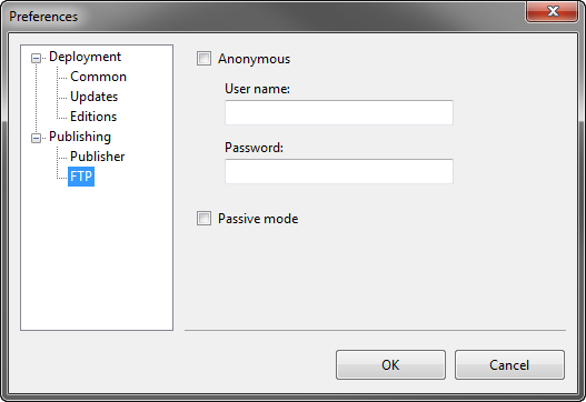 Preferences dialog. FTP settings for publishing