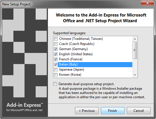 Choose languages to support by the WiX installer of your add-in Choose languages to support by the WiX installer of your add-in