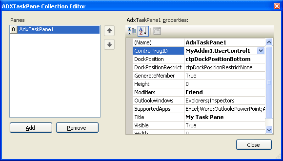 TaskPanes collection editor