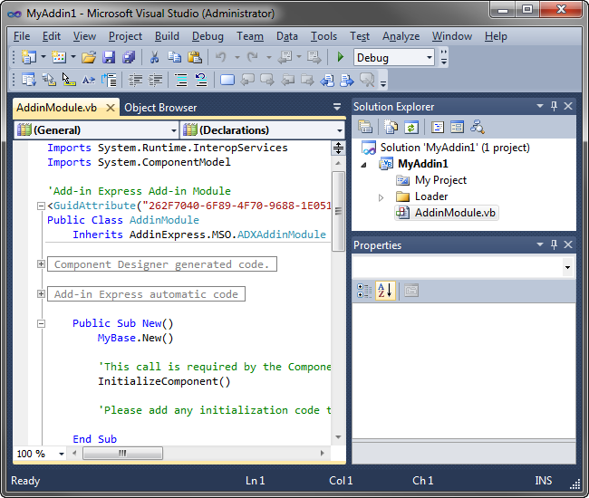 A new COM add-in project in Visual Studio