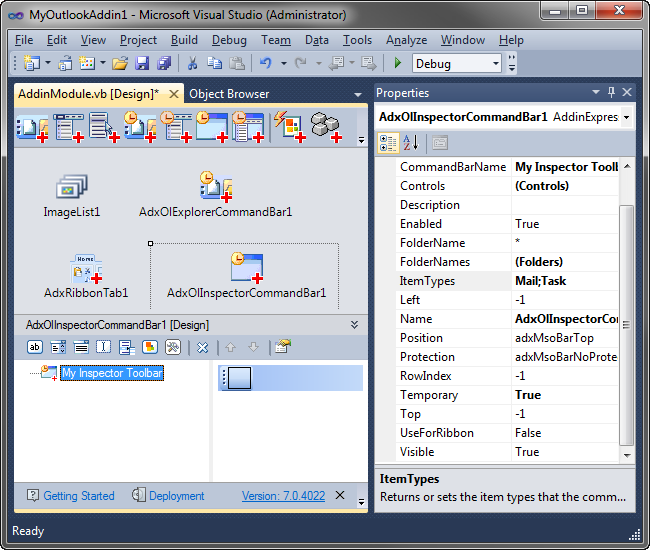 Outlook Inspector command bar component properties