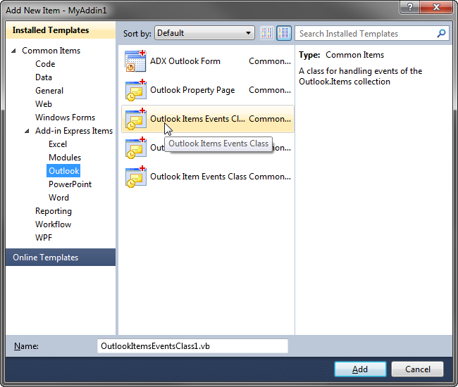 Adding Outlook Items Event class