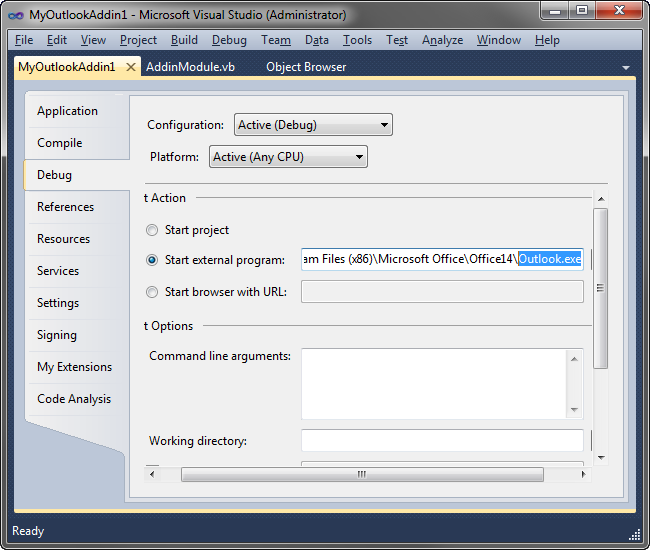 Debugging Outlook add-in