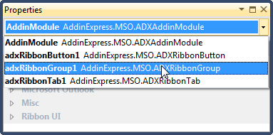 Use the Properties window to select a Ribbon component