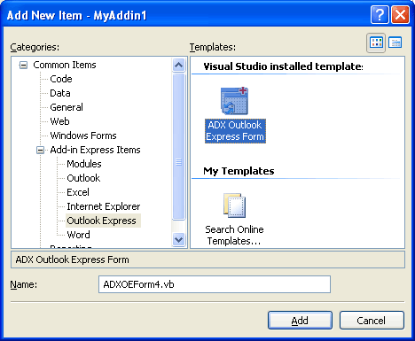 Choosing the Add-in Express form in the Add New Item dialog