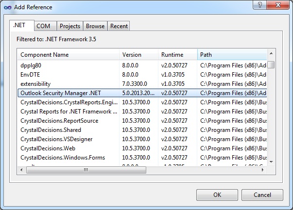 Adding a reference to Outlook Security Manager 