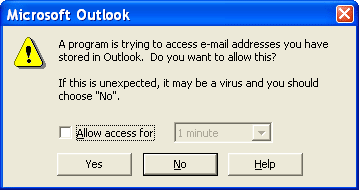 A program is trying to access e-mail addresses you have stored in Outlook