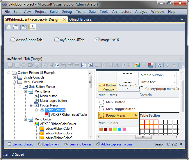 A custom Ribbon tab with various control types