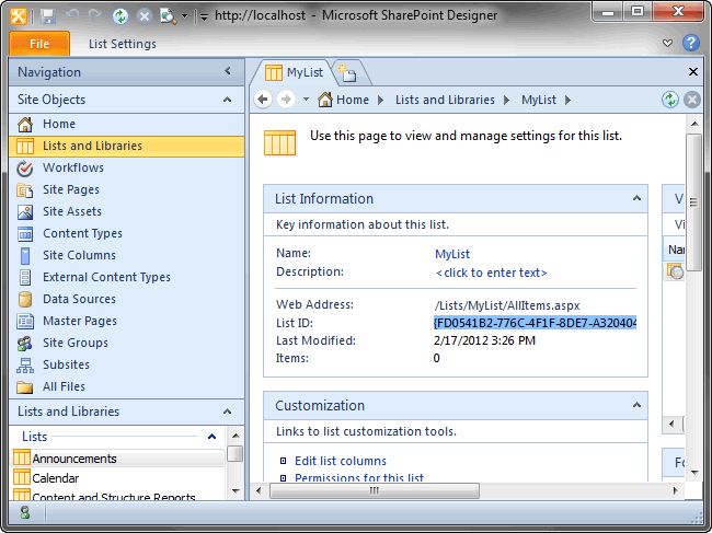 Finding the list ID in Microsoft SharePoint Designer