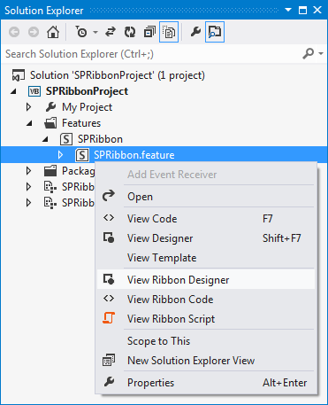 Accessing Ribbon Designer from the Solution Explorer window