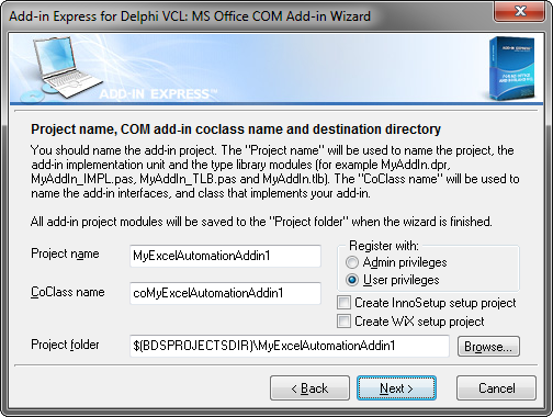 Selecting Excel Automation add-in project options