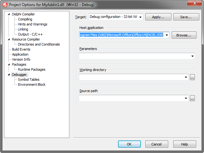 Specifying the parameters to debug your add-in