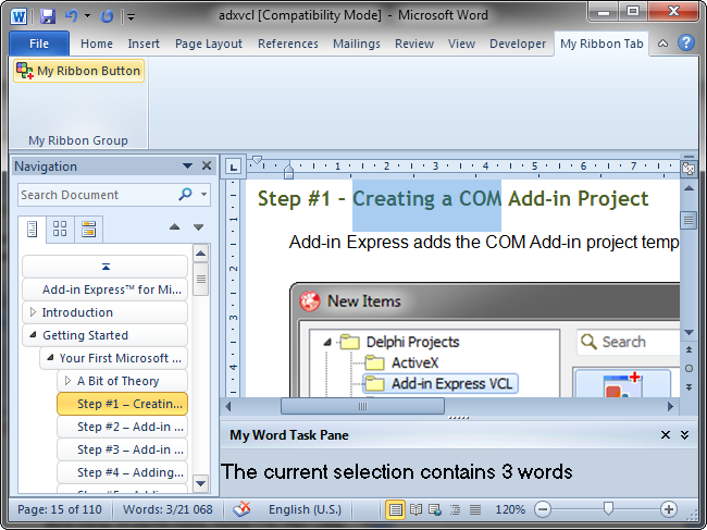 The add-in's UI in Word 2010