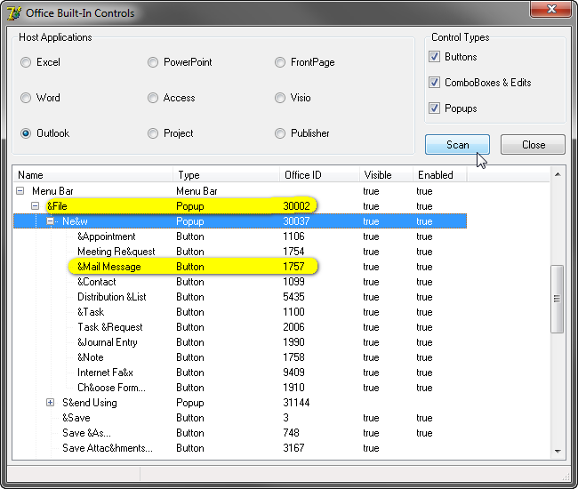 IDs of the Outlook commandbar controls