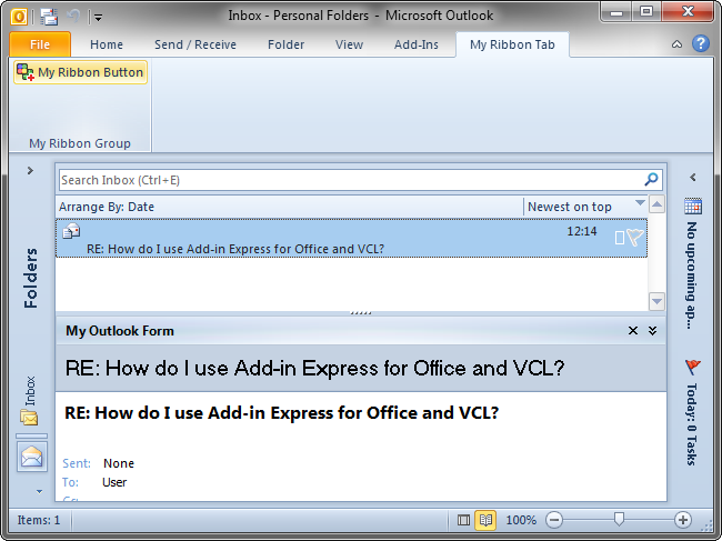 The add-in's UI in Outlook Explorer