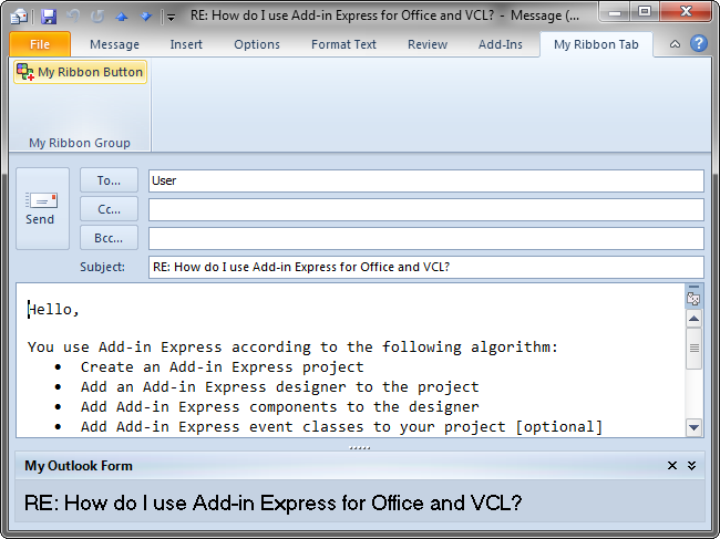 The add-in's UI in Outlook Inspector