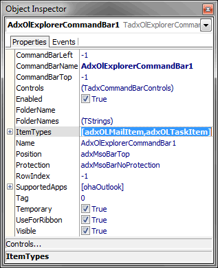 Outlook Explorer command bar properties