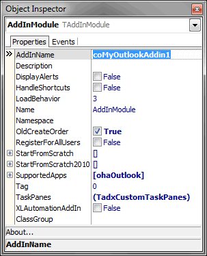 The properties of the Outlook add-in module