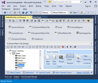 Add-in designer with Outlook specific components and the ribbon tab in-place designer