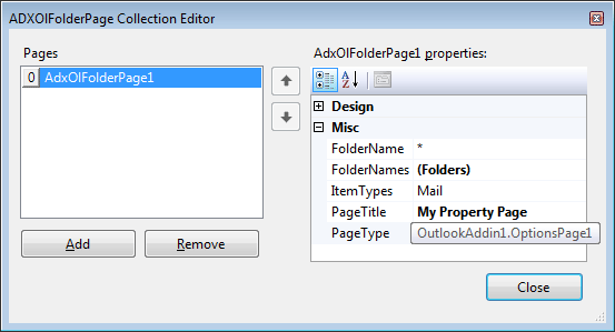 Folder options page component settings