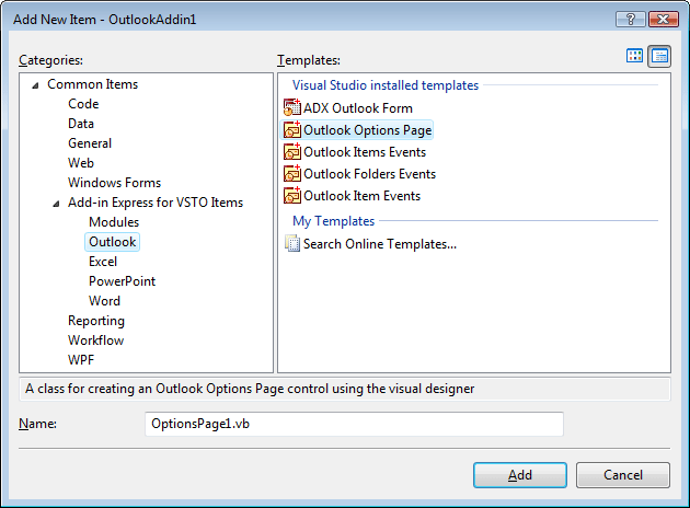 Outlook Options page component