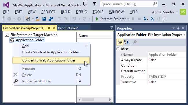 Convert the Application Folder item to Web Application Folder.