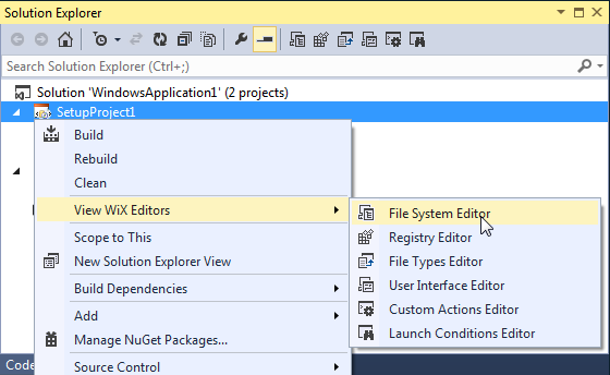 Open the File System Editor to specify the target folder for your setup package.