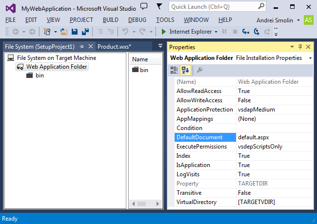 Set the properties of the Web Application Folder.