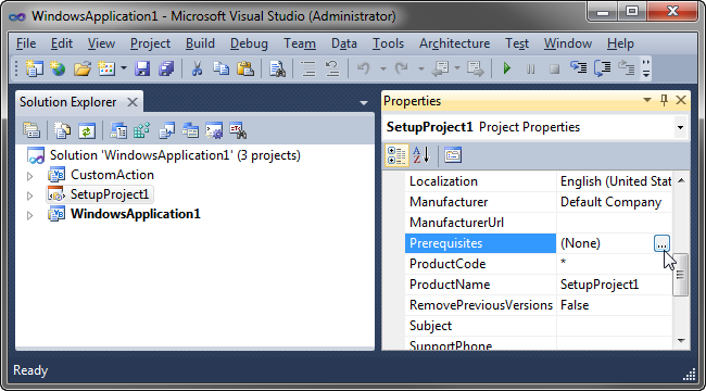 In the project's properties, click the Prerequisites button.